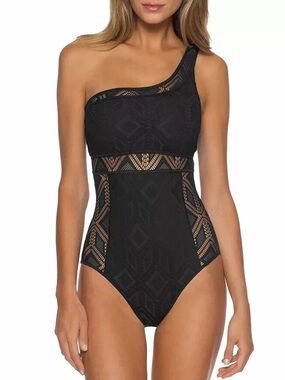 Becca Adeline One-Shoulder Black Lace-Panel Swimsuit